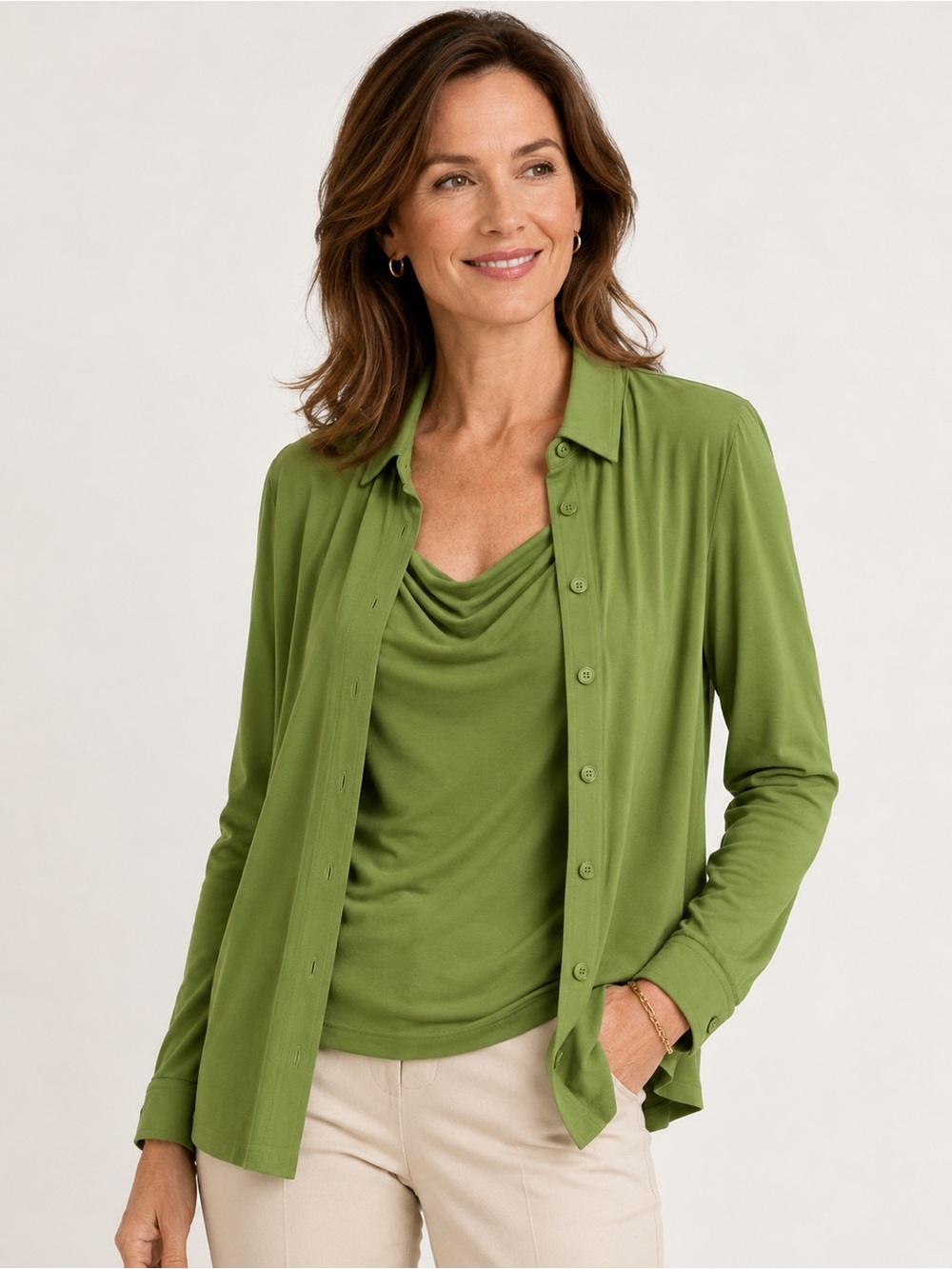 WORTH Layered Luxe 2 Piece Olive Green Draped Tank & Blouse Set Lagenlook Preppy